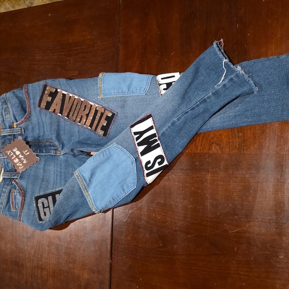 Upcycled GIRLS Denim Jeans By Molly Made It with Glitter Patches - Picture 4 of 14